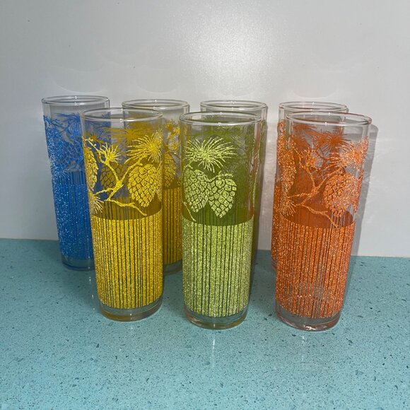 Starlyte MCM Collins Glasses Pine Cone Stenciled Textured Set Of 7 - Picture 1 of 9